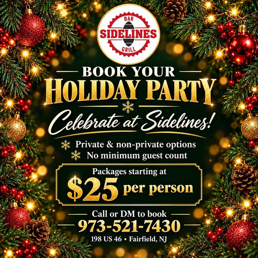 Sidelines Bar & Grill holiday party flyer with packages starting at $25 per person